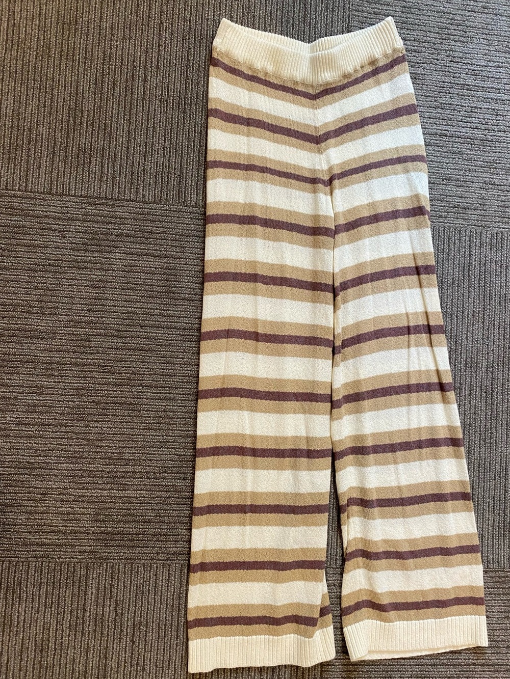 Cream and Mauve Striped Knit Wide-Leg Pants
